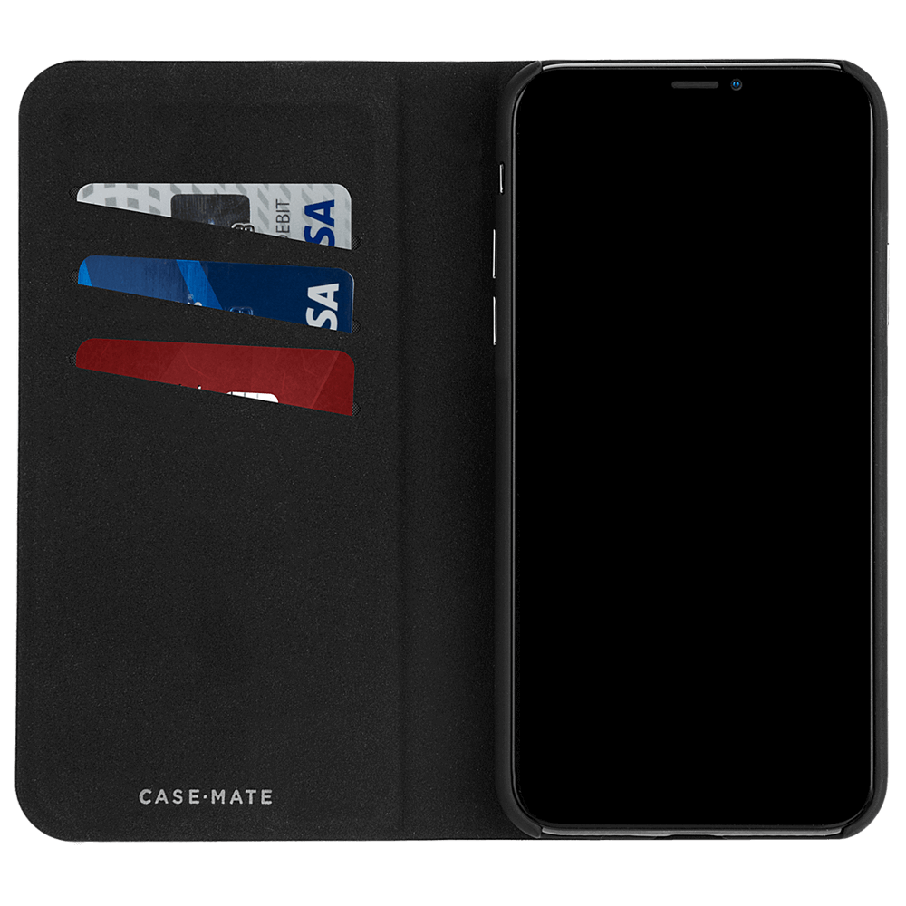 Case holds cards in convenient flap. color::Black