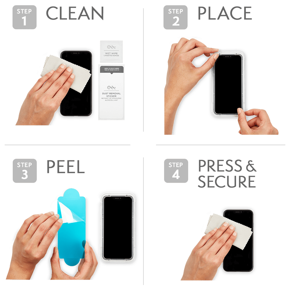 Step 1: Clean, Step 2: Place, Step 3: Peel, Step 4: Press & Secure. color::Clear