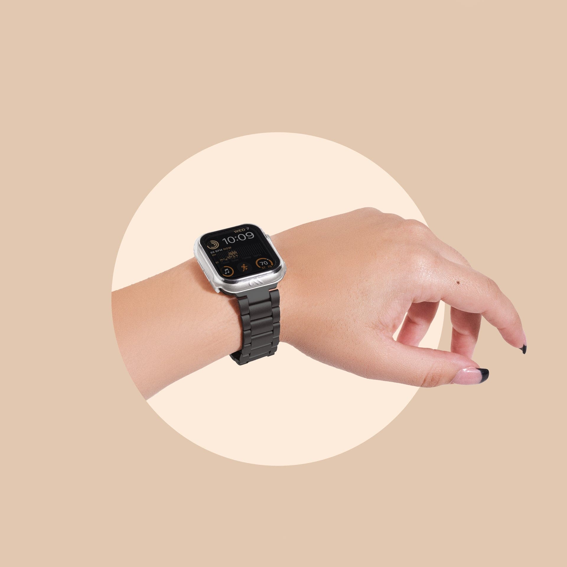 Hand wearing Apple Watch with Tough Clear Case on face.