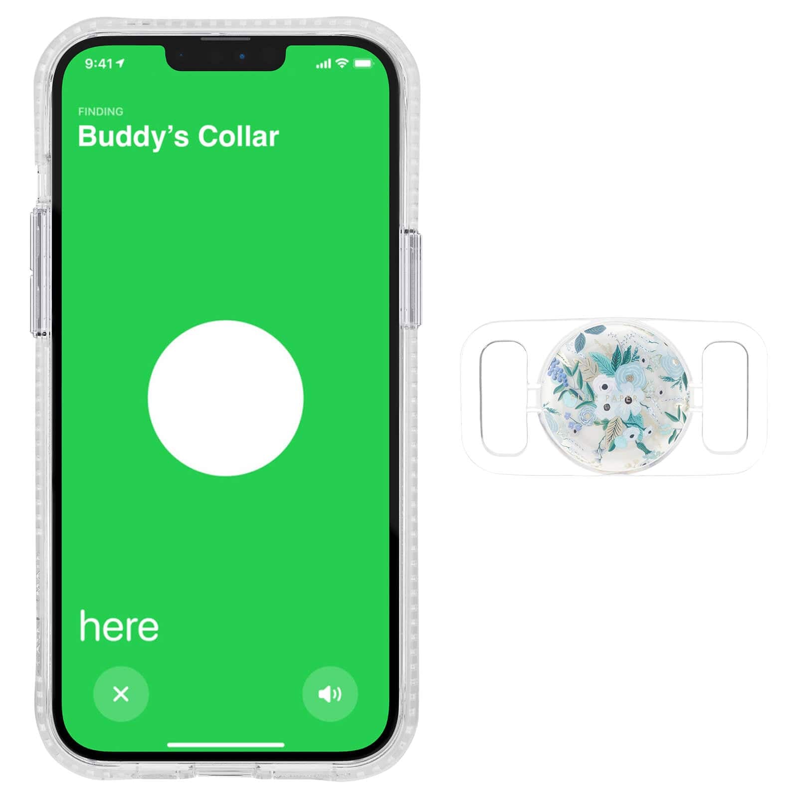 Buddy's Collar tracking AirTag on phone. color::Garden Party Blue