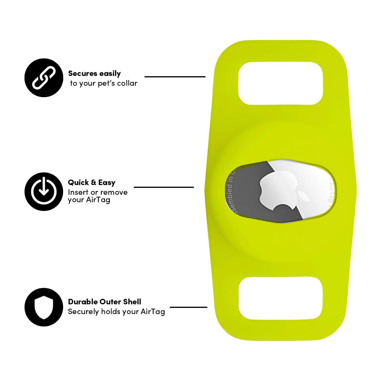 Secure's easily to your dog's collar, quick and easy insert or remove your AirTag, durable outer shell holds your AirTag. color::Lime Green