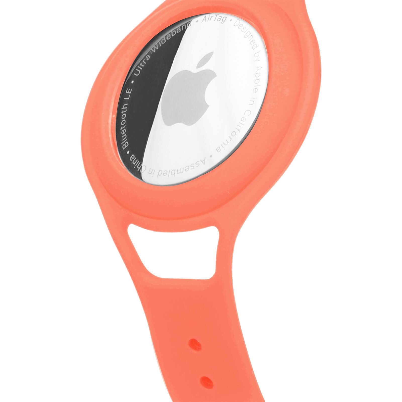 Close up of AirTag kid strap case. color::Coral