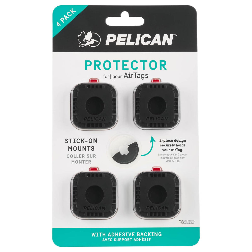 Four black Pelican AirTag Protector stick-on mounts with red tabs and adhesive backing shown on packaging.