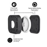 2 PIECE DESIGN. SNAP TOGETHER TO INSERT OR REMOVE. SUPREME ADHESIVE BACKING. SECURES EASILY TO HARD SURFACES. DURABLE OUTER SHELL. SECURELY HOLDS YOUR AIRTAG. COLOR::BLACK