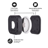 2 Piece Design. Snap together to insert or remove. Supreme Adhesive Backing. Secures easily to hard surfaces. Durable Outer Shell. Securely Holds your AirTag. color::Orange