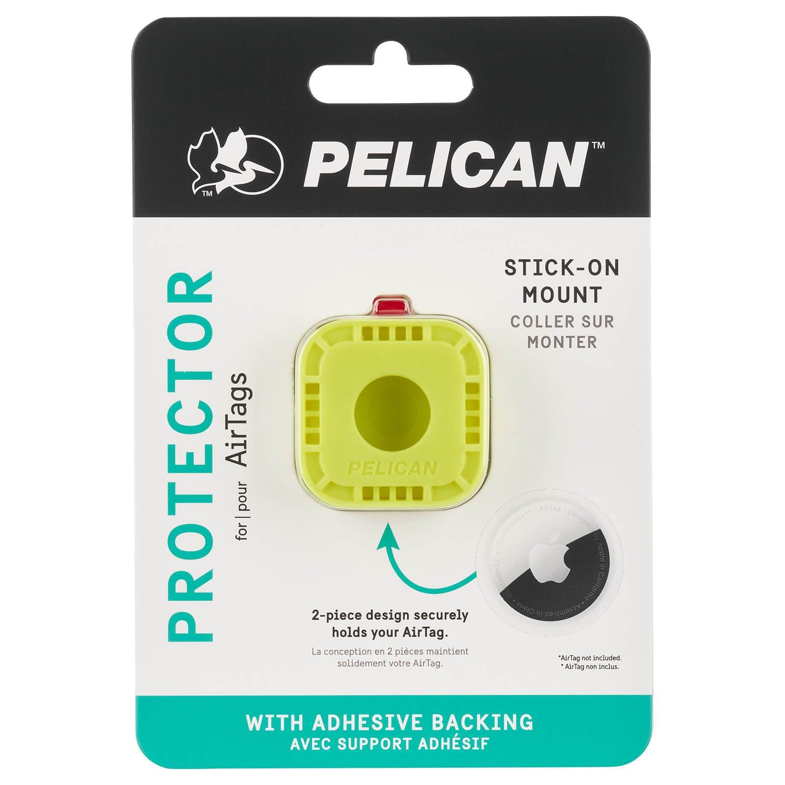 Pelican Protector for AirTags. Stick-on mount. 2-piece design securely holds your AirTag with Adhesive Backing. color::Hi-Vis Yellow