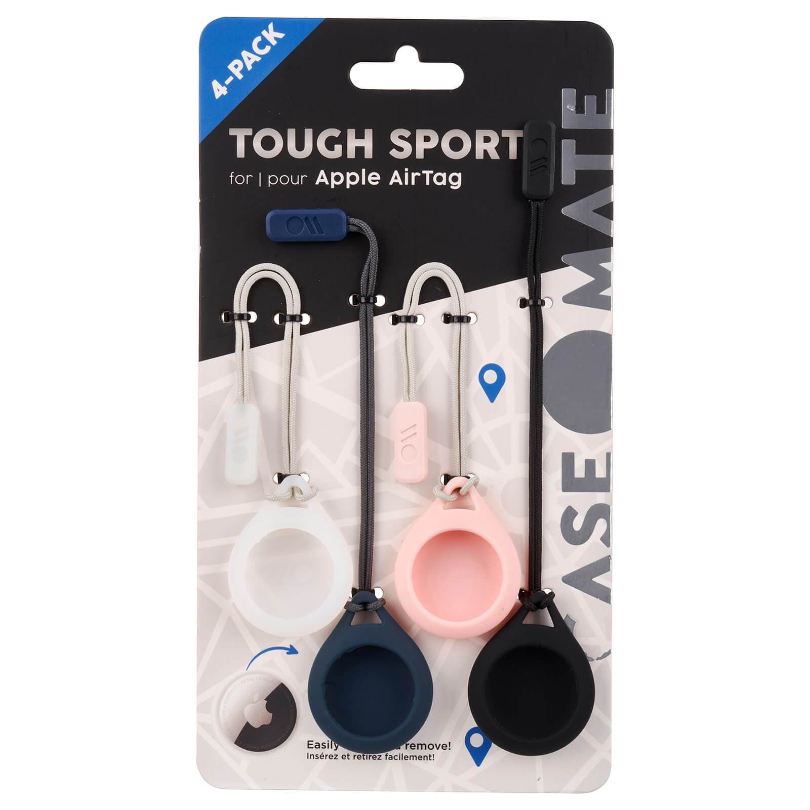 Tough Sport AirTag case 4 pack packaging. color::Clear/Black/Navy/Blush