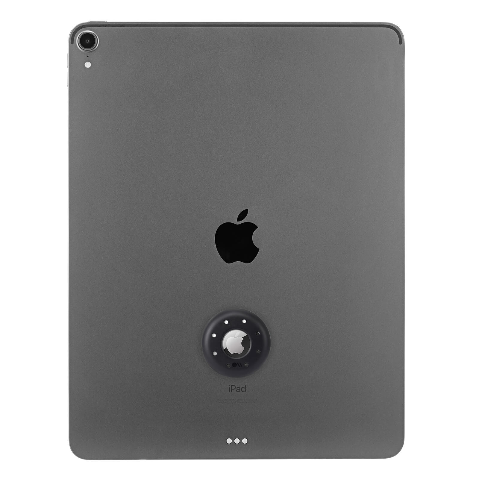 Tough AirTag Sticker Mount attached to an iPad. color::Black
