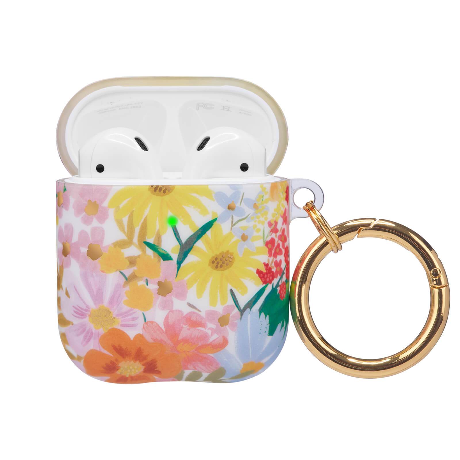 Floral AirPods case with gold carabiner. color::Marguerite