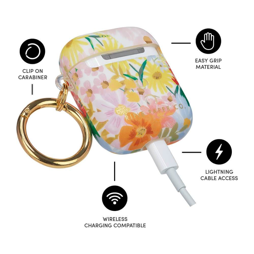 Features Clip on Carabiner, Wireless charging Compatible, Easy Grip Material, Lightning Cable Access. color::Marguerite