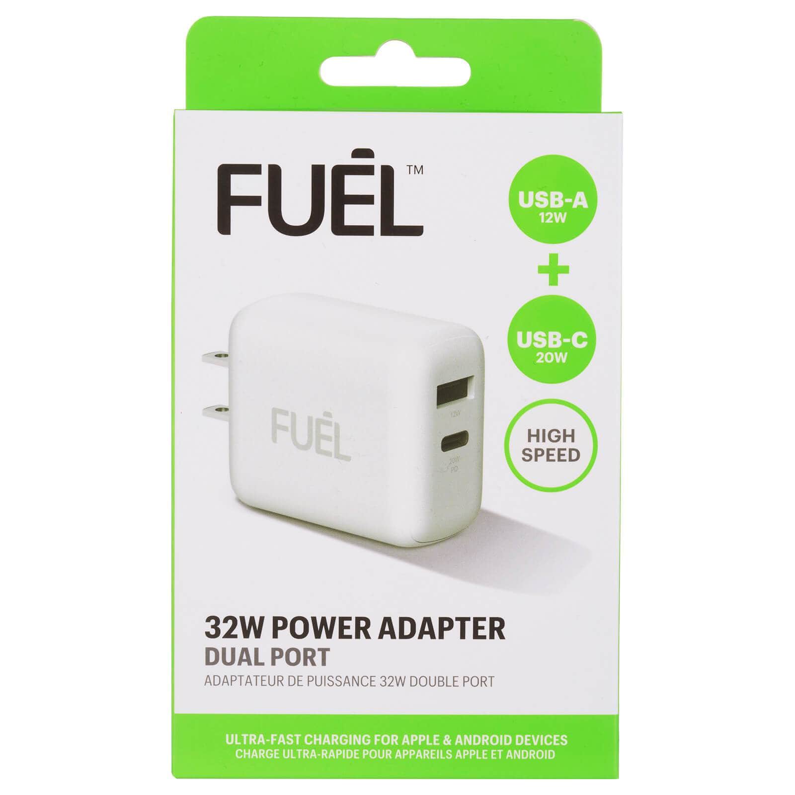 Fuel USB-A 12 W + USB-C 20W. High Speed. 32W Power Adapter Dual Port. Ultra fast charging for Apple & Android devices. color::White