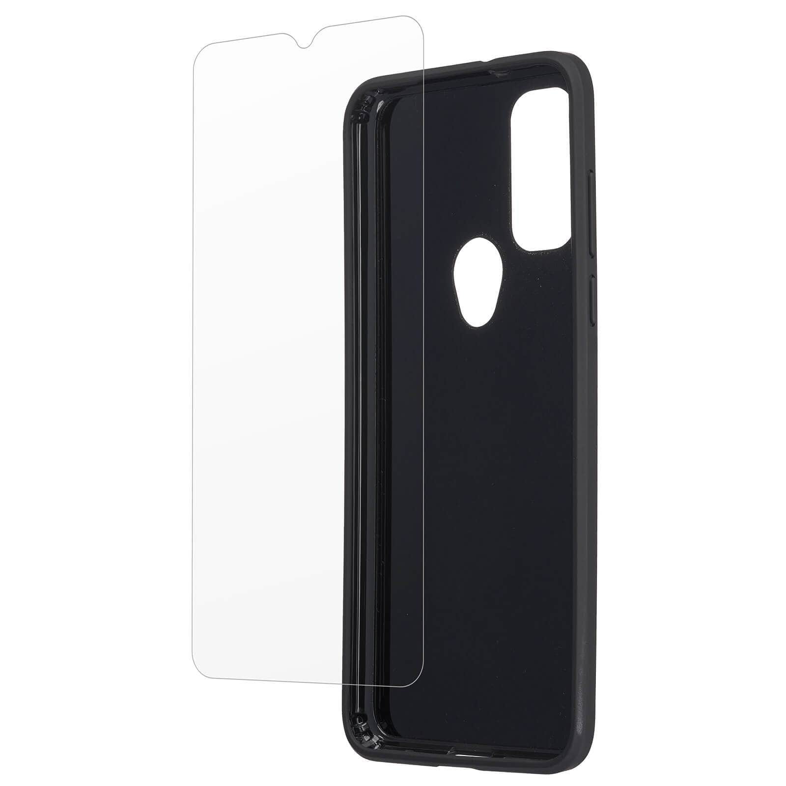 SCREEN PROTECTOR HOVERING IN FRONT OF TOUGH BLACK CASE. COLOR::BLACK