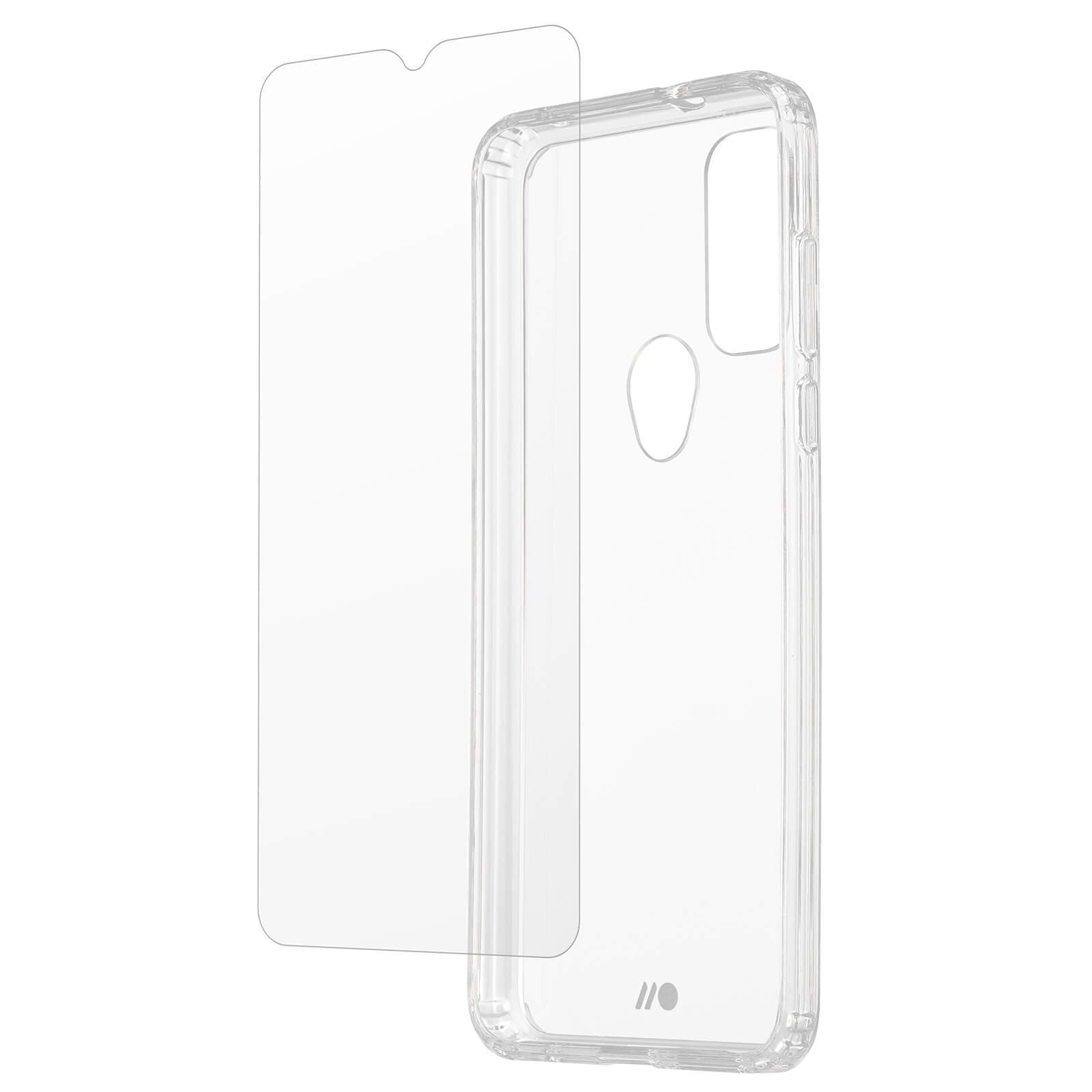 Screen protector hovering in front of tough clear case. color::Clear