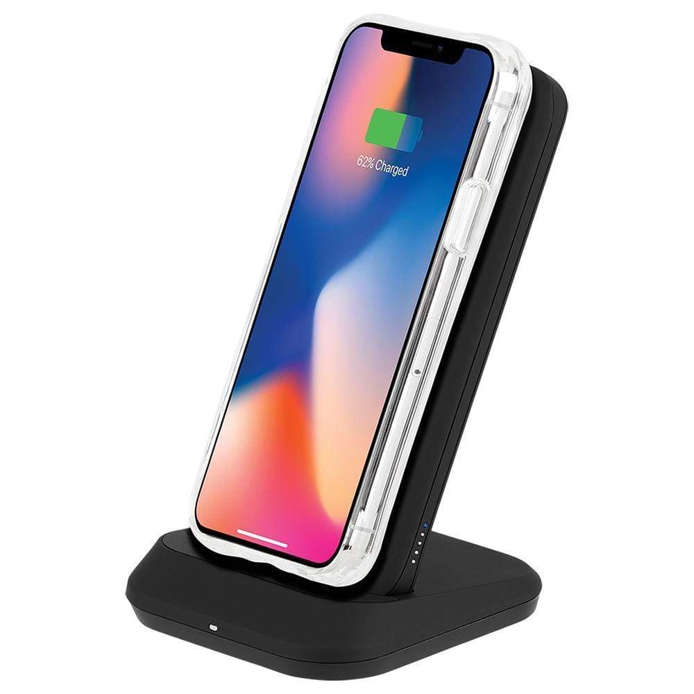 Side view of iPhone wirelessly charging on FUEL Wireless Power Bank with Charging Dock. color::Black