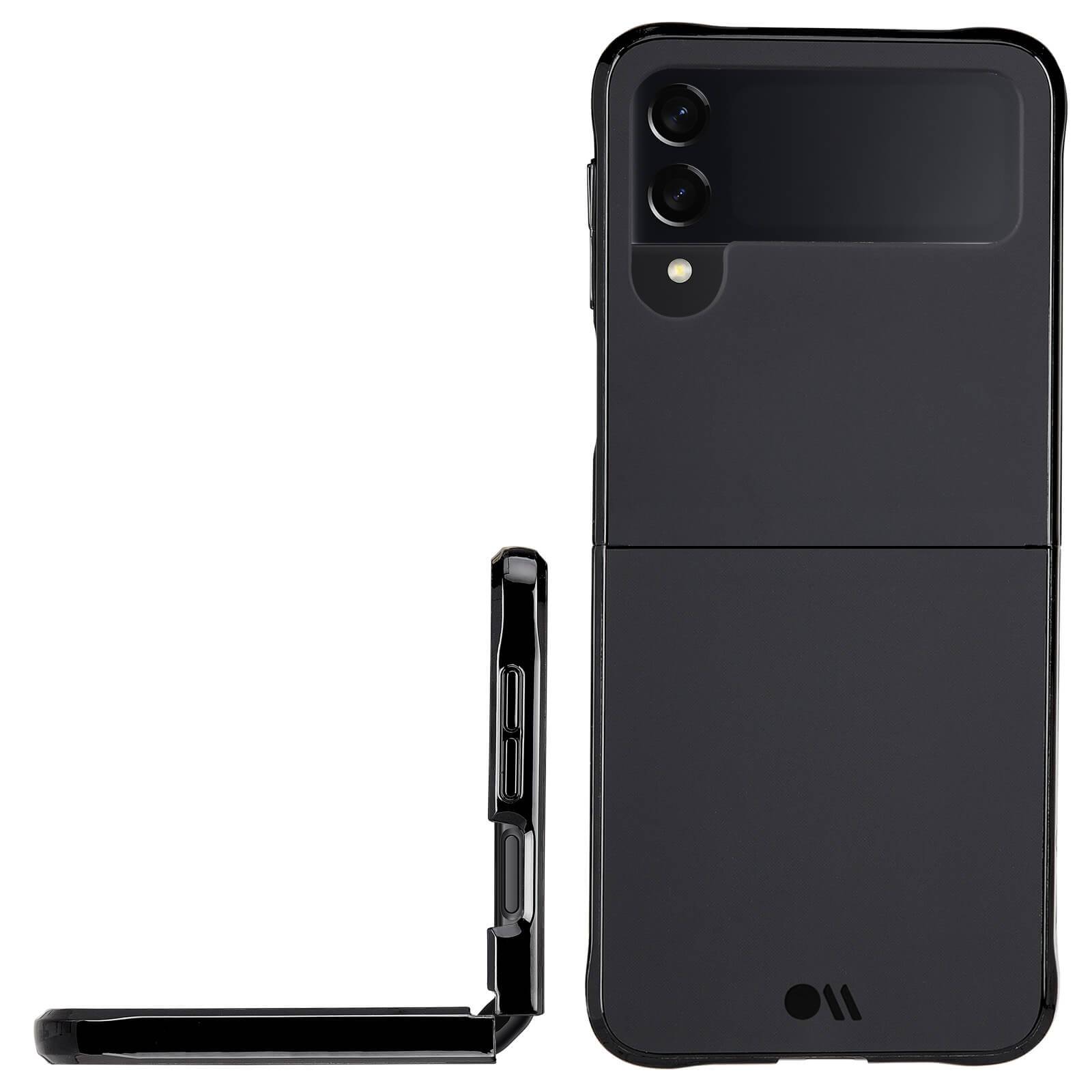Flip tough black case shown from back and side on black device. color::Black