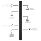 Features One Piece Platform Design, Crystal Clear Clarity, Flexible Sides for Enhanced Grip, Wireless Charging Compatible, Lifetime Warranty, 10 ft Drop Protection, Anti- Scratch Technology. color::Black