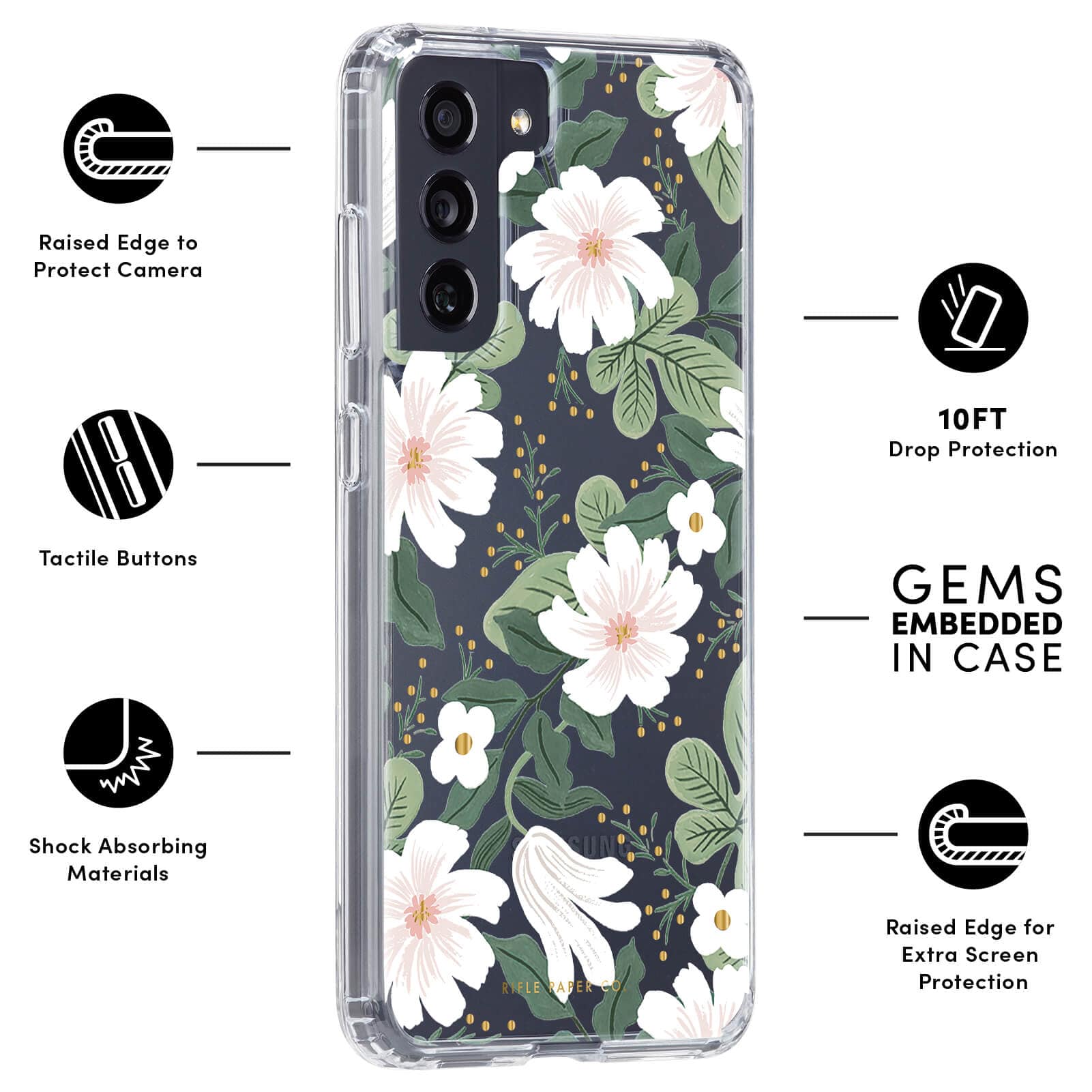 FEATURES: RAISED EDGE TO PROTECT CAMERA, TACTILE BUTTONS, SHOCK ABSORBING MATERIALS, 10FT DROP PROTECTION, GEMS EMBEDDED IN CASE, RAISED EDGE FOR EXTRA SCREEN PROTECTION. COLOR::WILLOW