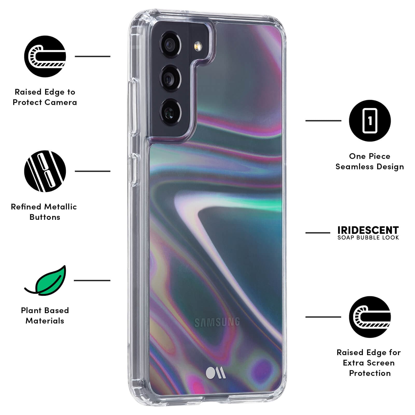 FEATURES: RAISED EDGE TO PROTECT CAMERA, REFINED METALLIC BUTTONS, PLANT BASED MATERIALS, ONE PIECE SEAMLESS DESIGN, IRIDESCENT SOAP BUBBLE LOOK, RAISED EDGE FO EXTRA SCREEN PROTECTION. COLOR::SOAP BUBBLE