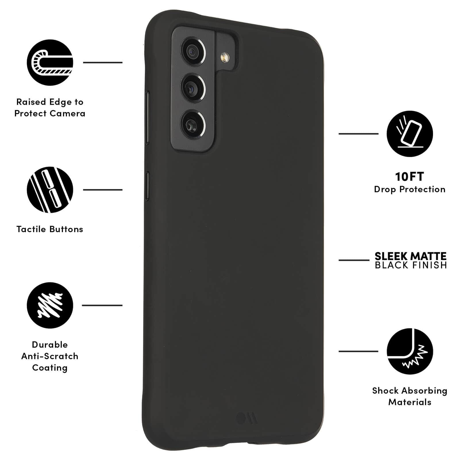 FEATURES: RAISED EDGE TO PROTECT CAMERA, TACTILE BUTTONS, DURABLE ANTI-SCRATCH COATING, 10FT DROP PROTECTION, SLEEK MATTE FINISH, SHOCK ABSORBING MATERIALS. COLOR::BLACK