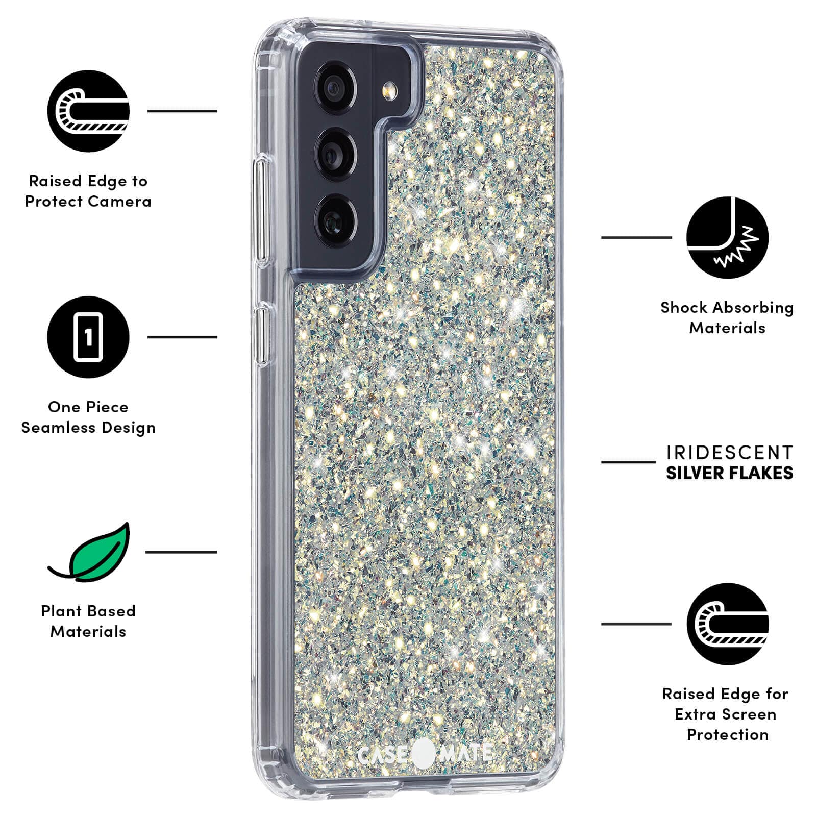 FEATURES: RAISED EDGE TO PROTECT CAMERA, ONE PIECE SEAMLESS DESIGN, PLANT BASED MATERIALS, SHOCK ABSORBING MATERIALS, IRIDESCENT SILVER FLAKES, RAISED EDGE FOR EXTRA SCREEN PROTECTION. COLOR::TWINKLE STARDUST
