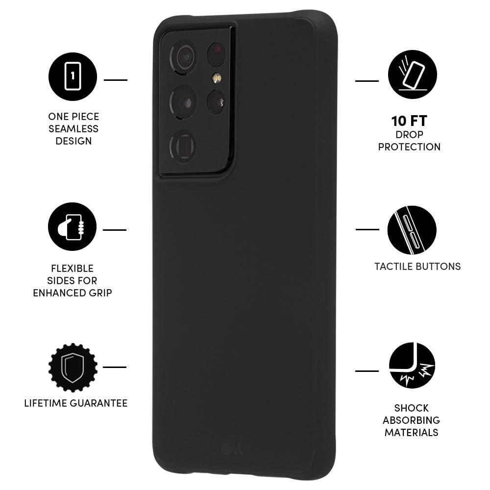Features One piece seamless design, Flexible sides for enhanced grip, lifetime guarantee, 10 ft drop protection, tactile buttons, hock absorbing materials. color::Black