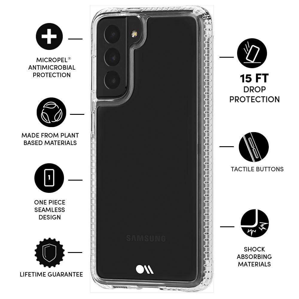 Features Micropel Antimicrobial Protection, Made from Plant Based Materials, One Piece Seamless Design, Lifetime Guarantee, 15 Ft Drop protection, Tactile Buttons, Shock Absorbing Materials. color::Clear