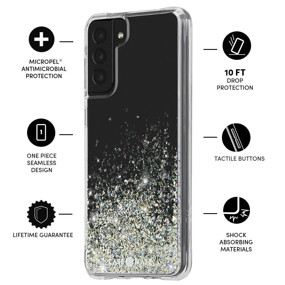 Features Micropel Antimicrobial Protection, One Piece Seamless Design, Lifetime Guarantee, 10 ft Drop Protection Tactile Buttons, Shock Absorbing Materials. color::Twinkle Stardust