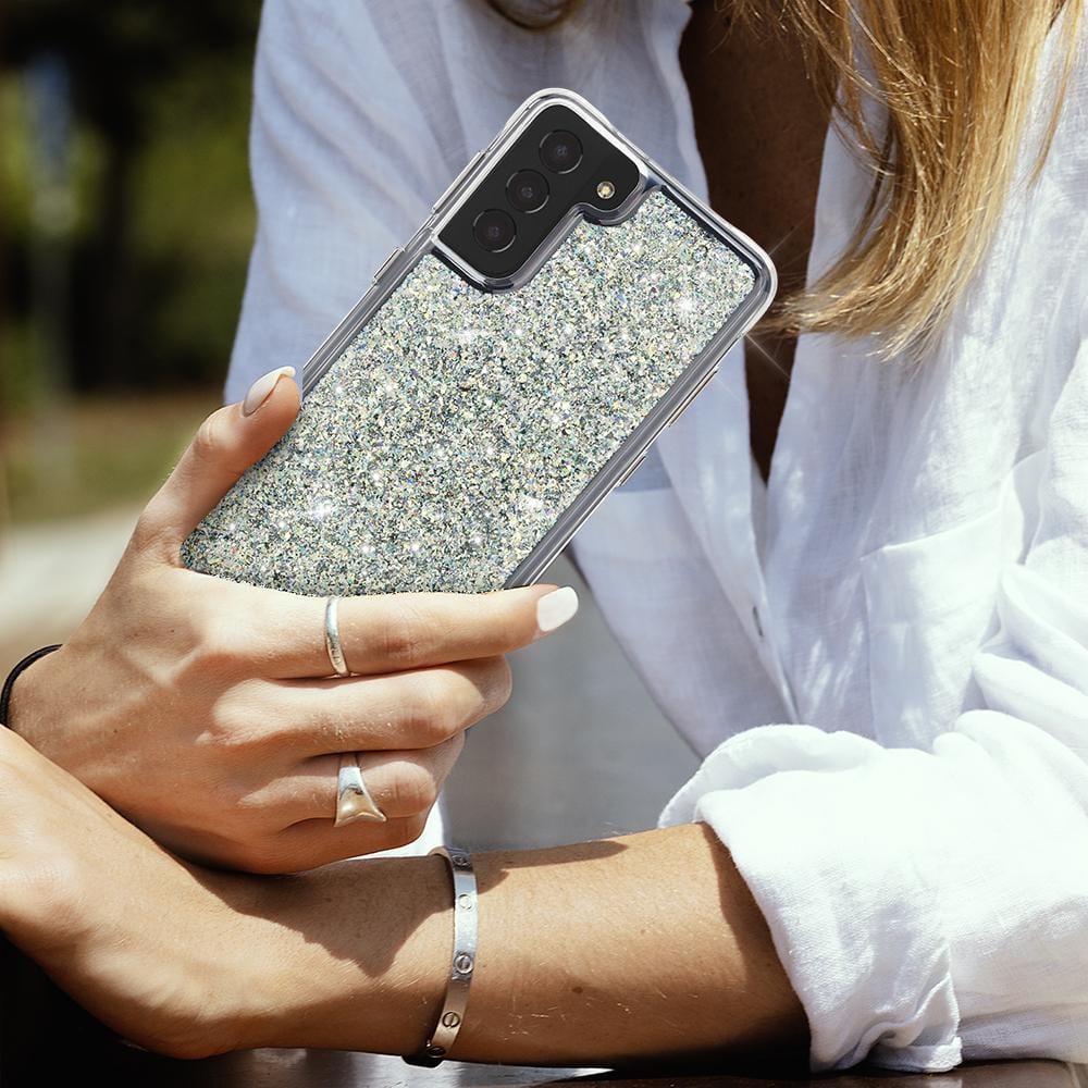 Hand holding Sparkly case for Galaxy S21+ 5G. color::Twinkle Stardust