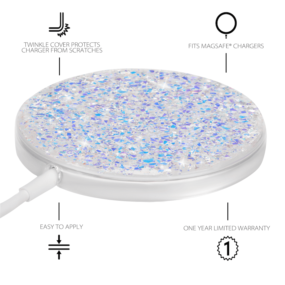 TWINKLE COVER PROTECTS CHARGER FROM SCRATCHES, FITS MAGSAFE CHARGERS, EASY TO APPLY, ONE YEAR LIMITED WARRANTY. COLOR::TWINKLE STARDUST