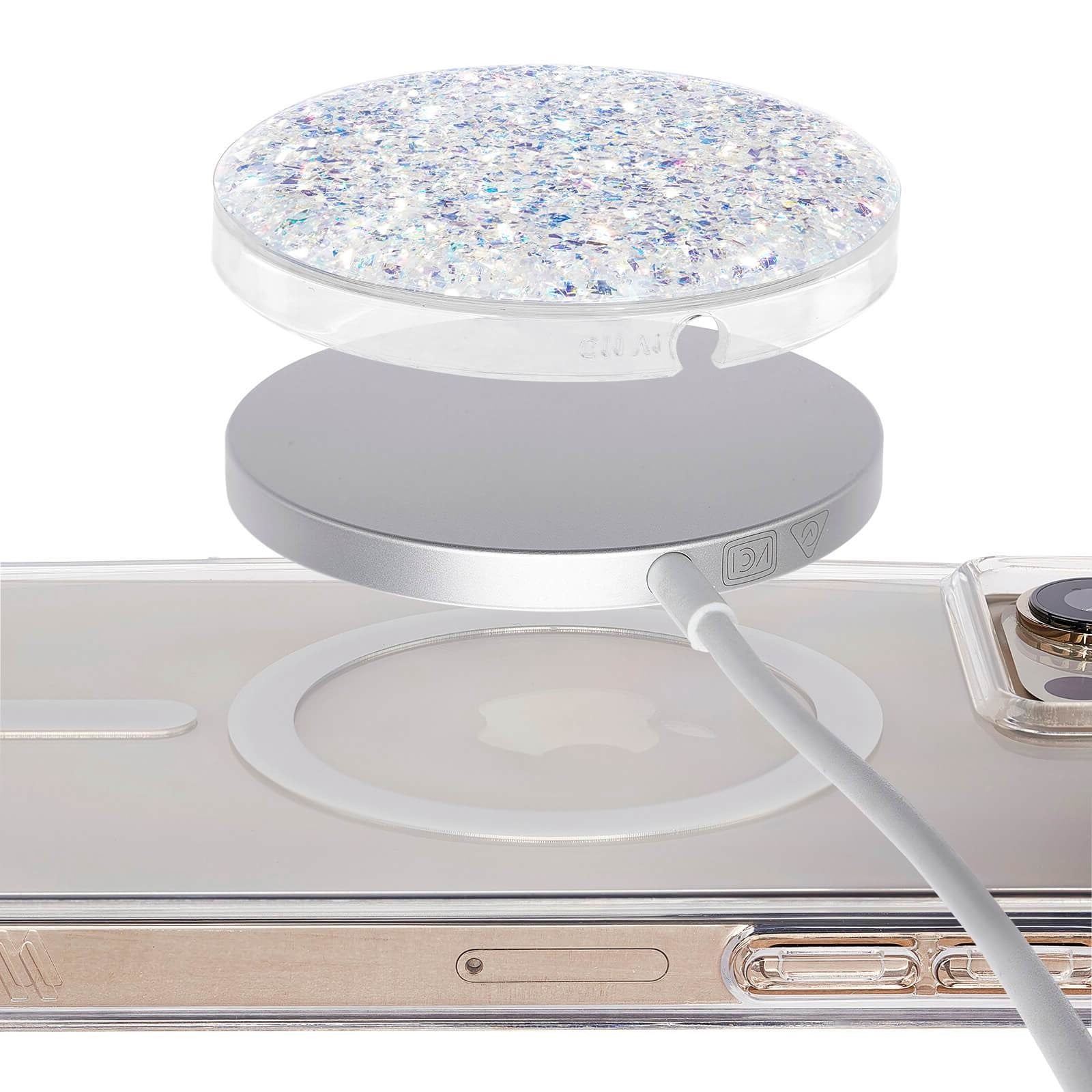 Twinkle cover attaches to MagSafe charging puck. color::Twinkle Stardust