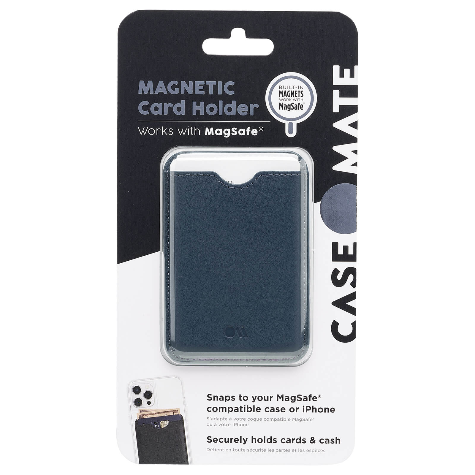 Magnetic Card Holder works with MagSafe. Built in Magnets work with MagSafe. Snaps to your MagSafe compatible case or iPhone. Securely holds cards & cash. color::Admiral Blue