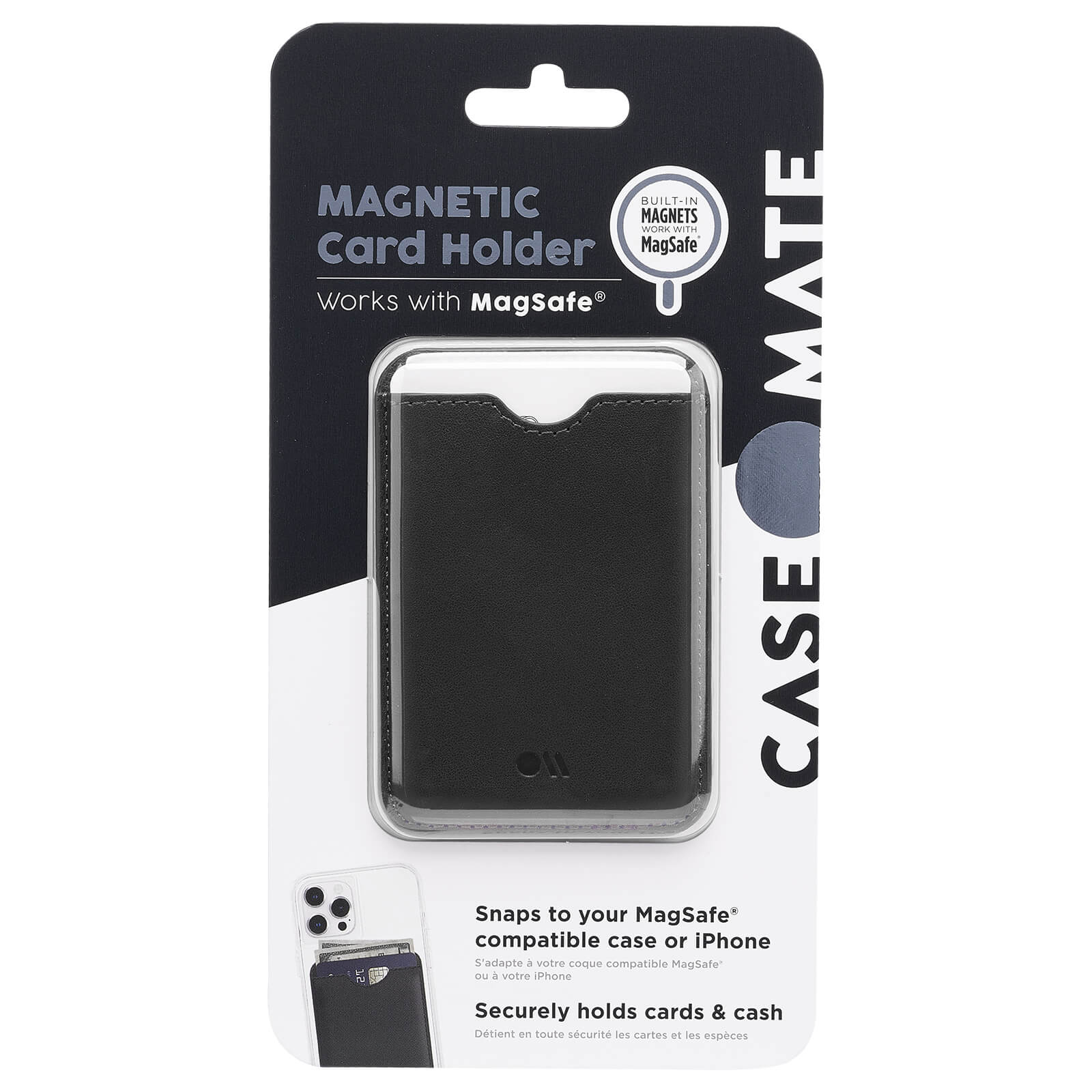 Magnetic Card Holder works with MagSafe. Built in Magnets work with MagSafe. Snaps to your MagSafe compatible case or iPhone. Securely holds cards & cash. color::Black