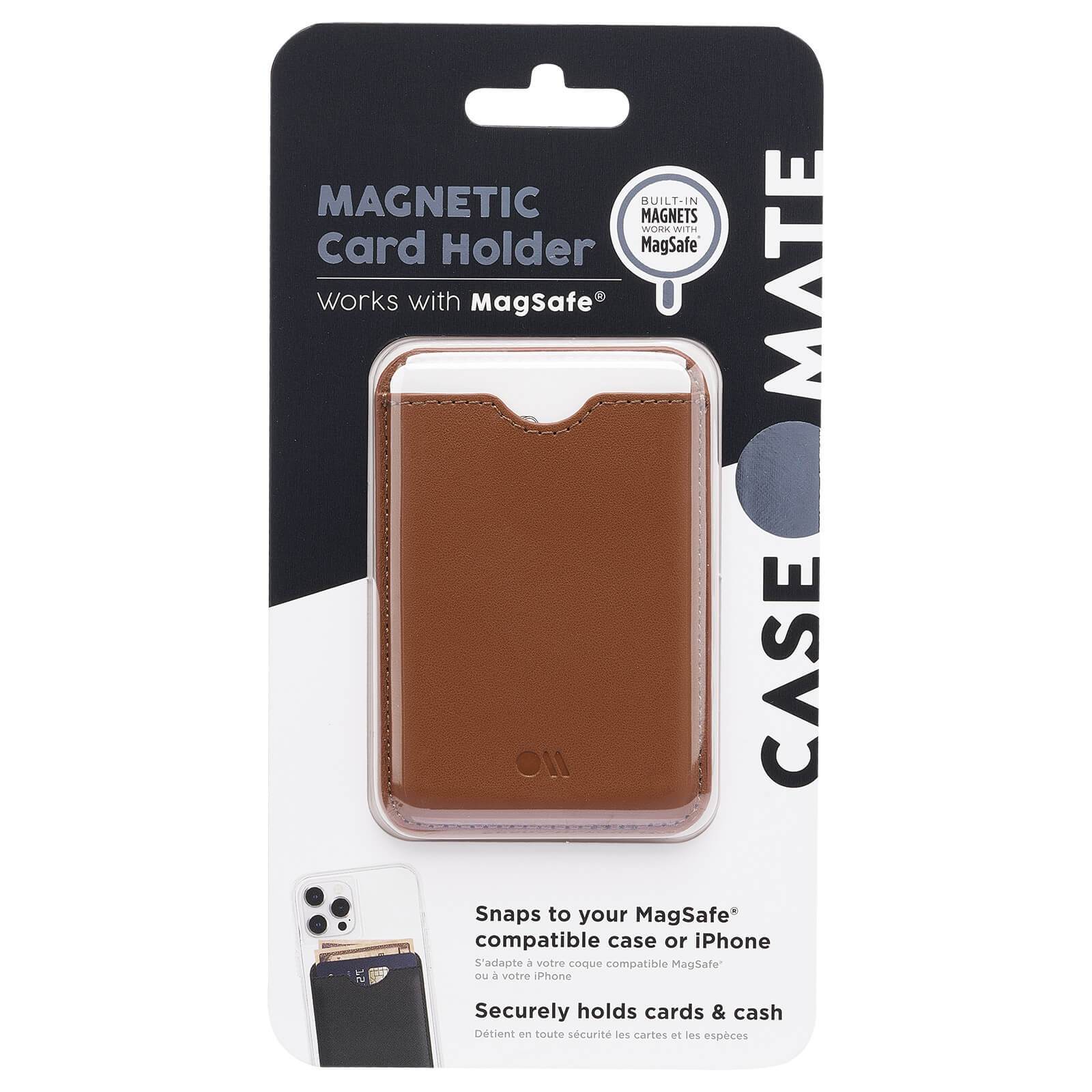 Magnetic Card Holder Works with MagSafe. Snaps to your MagSafe compatible case or iPhone. Securely holds cards & cash. color::Cognac