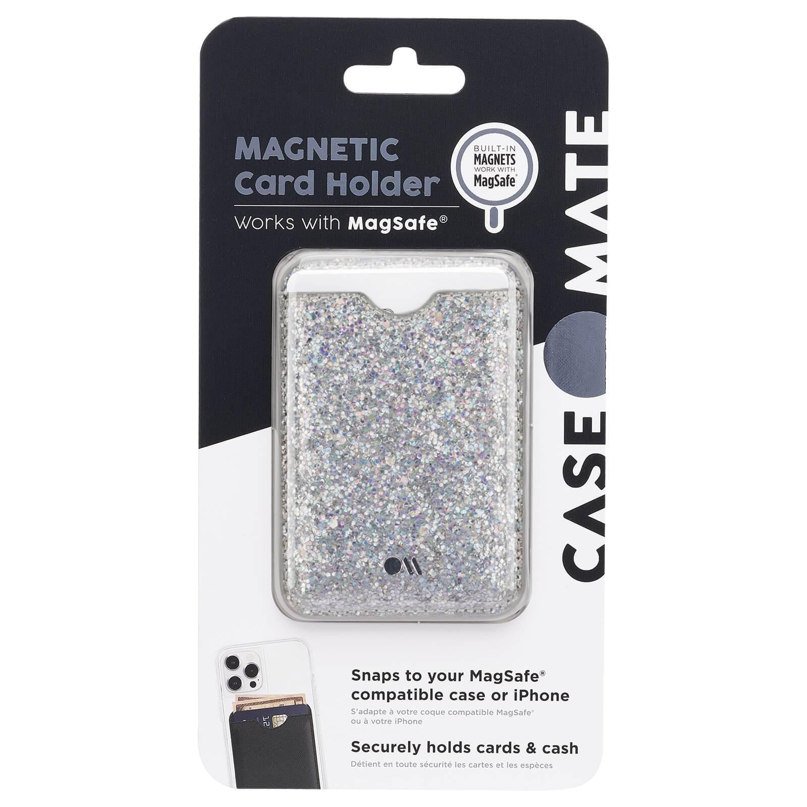Magnetic Card Holder works with MagSafe. Built in Magnets work with MagSafe. Snaps to your MagSafe compatible case or iPhone. Securely holds cards & cash. color::Sparkle