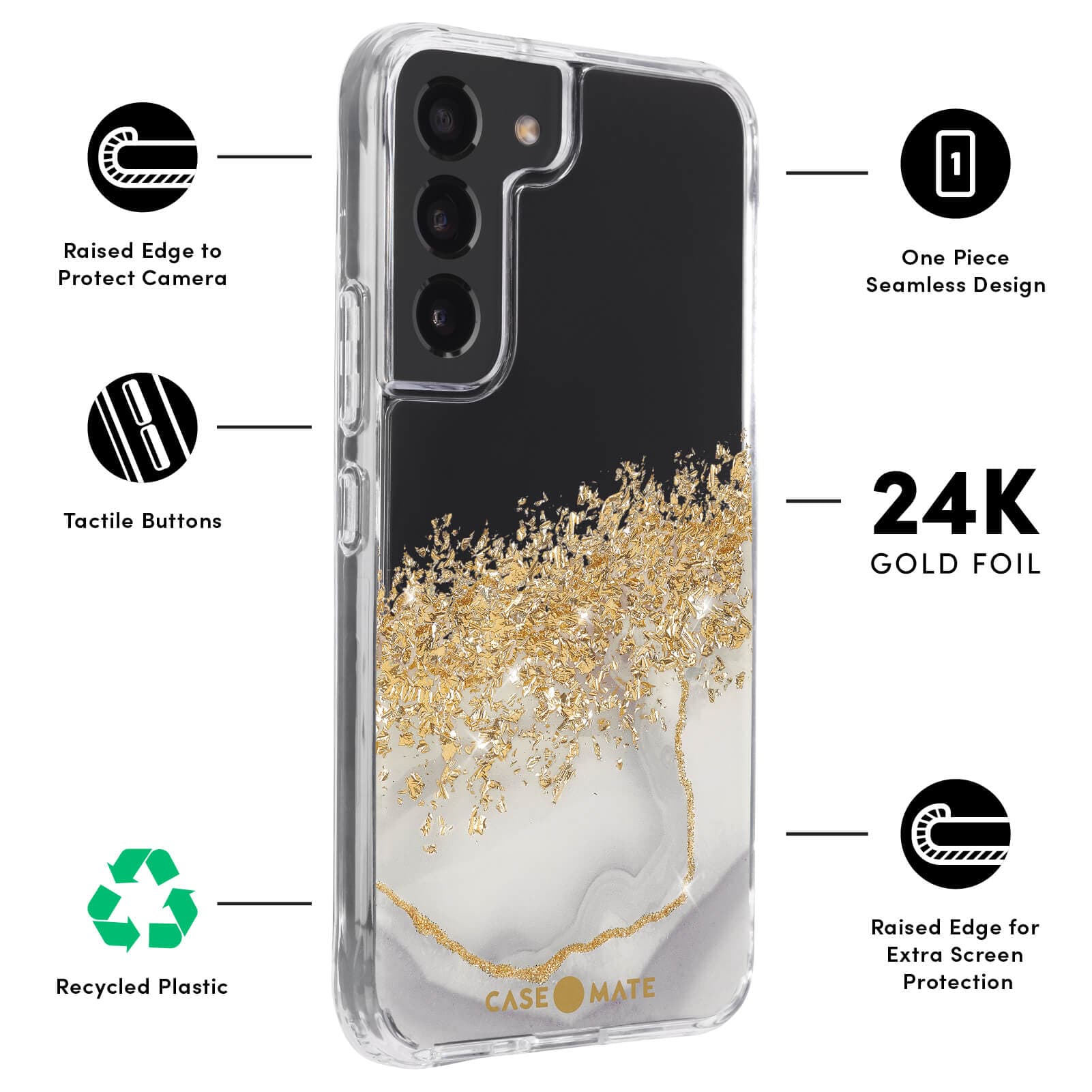 RAISED EDGE TO PROTECT CAMERA, TACTILE BUTTONS, RECYCLED PLASIC, ONE PIECE SEAMLESS DESIGN, 24K GOLD FOIL, RAISED EDGE FOR EXTRA SCREEN PROTECTION. COLOR::KARAT MARBLE
