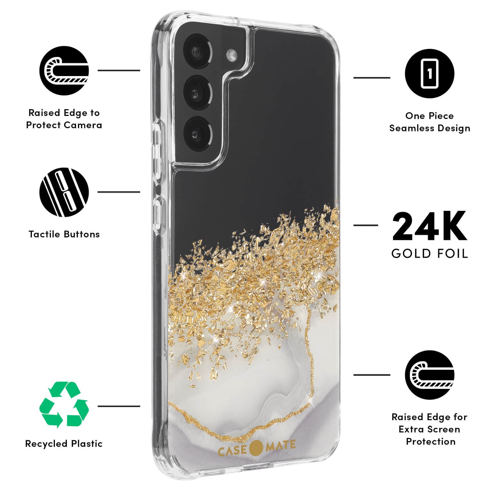 RAISED EDGE TO PROTECT CAMERA, TACTILE BUTTONS, RECYCLED PLASTIC, ONE PIECE SEAMLESS DESIGN, 24K GOLD FOIL, RAISED EDGE FOR EXTRA SCREEN PROTECTION. COLOR::KARAT MARBLE