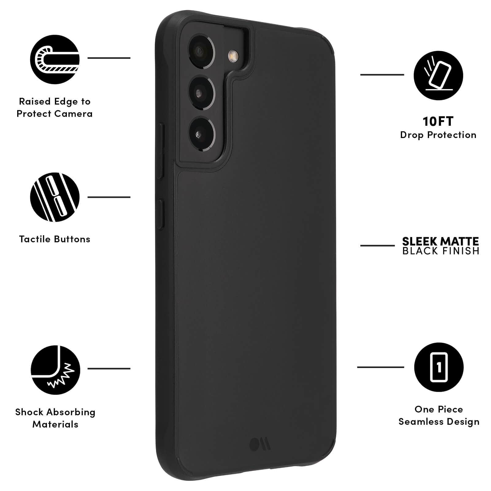 FEATURES: RAISED EDGE TO PROTECT CAMERA, TACTILE BUTTONS, SHOCK ABSORBING MATERIALS. 10FT DROP PROTECTION, SLEEK MATTE BLACK FINISH, ONE PIECE SEAMLESS DESIGN. COLOR::BLACK
