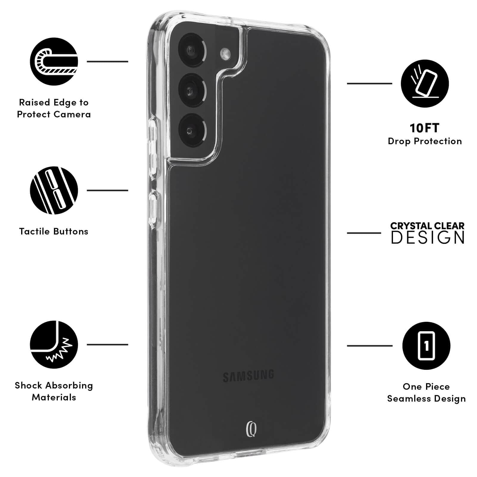 FEATURES: RAISED EDGE TO PROTECT CAMERA, TACTILE BUTTONS, SHOCK ABSORBING MATERIALS, 10FT DROP PROTECTION, CRYSTAL LEAR DESIGN, ONE PIECE SEAMLESS DESIGN. COLOR::CLEAR
