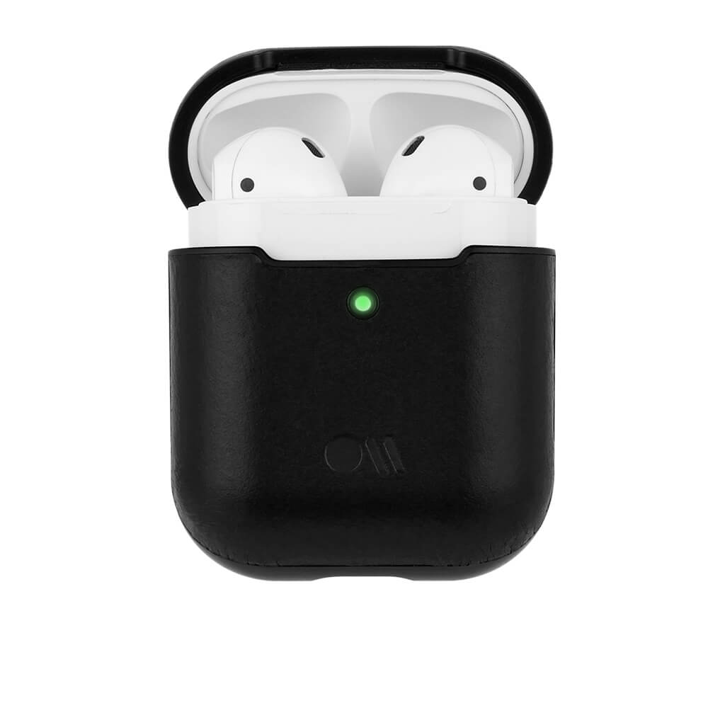Black Leather AirPods case slightly open. color::Black