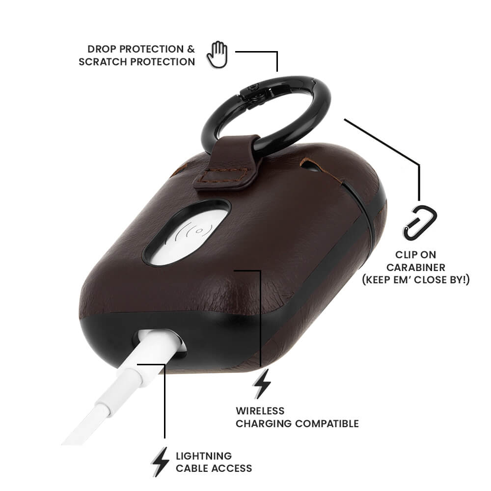Features drop protection and scratch protection, lightning cable access, wireless charging compatible, clip on carabiner (keep em close by!) color::Brown