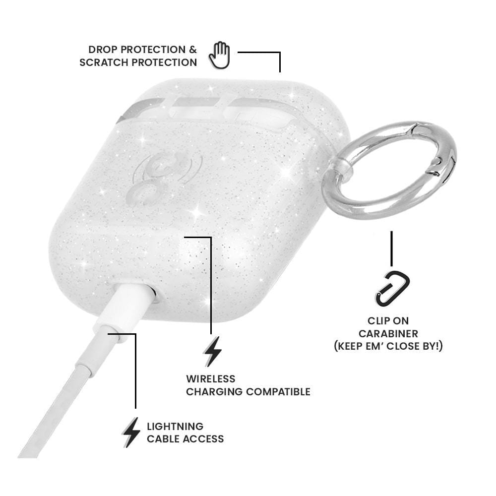 Drop protection and scratch protection, lightning cable access, wireless charging compatible, clip on carabiner (keep em' close by!) color::Sheer Crystal Clear