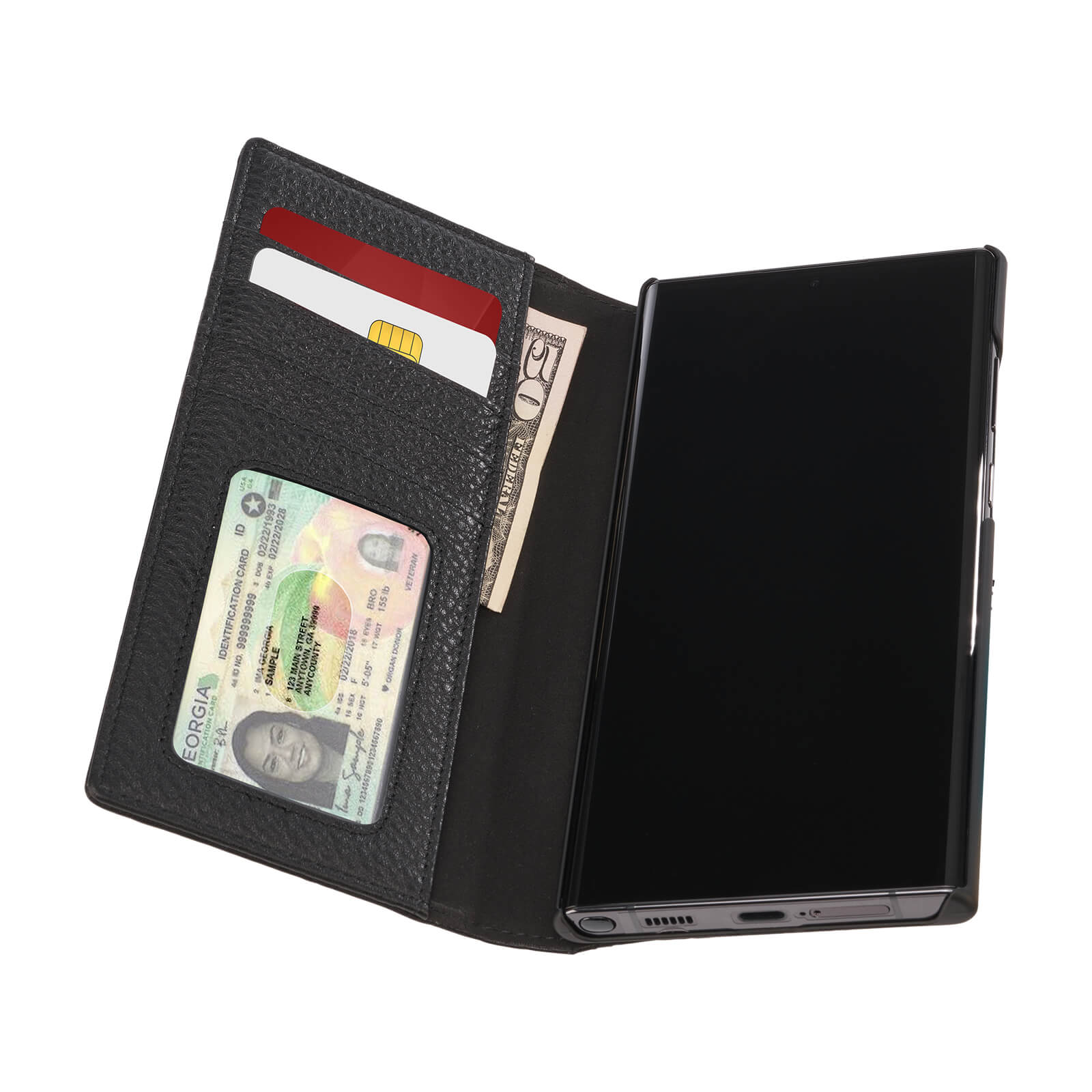 Case holds cards and cash. color::Black