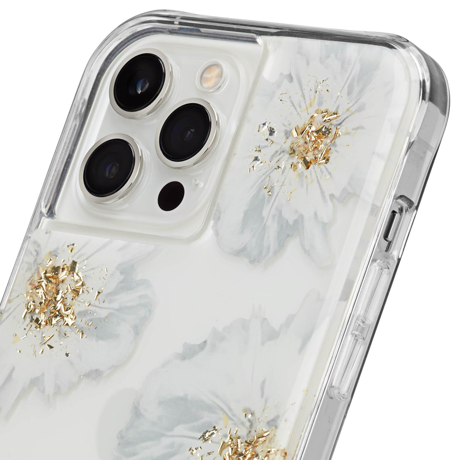Up close corner of white and gold floral iPhone 12 / 12 Pro case. color::Karat Floral