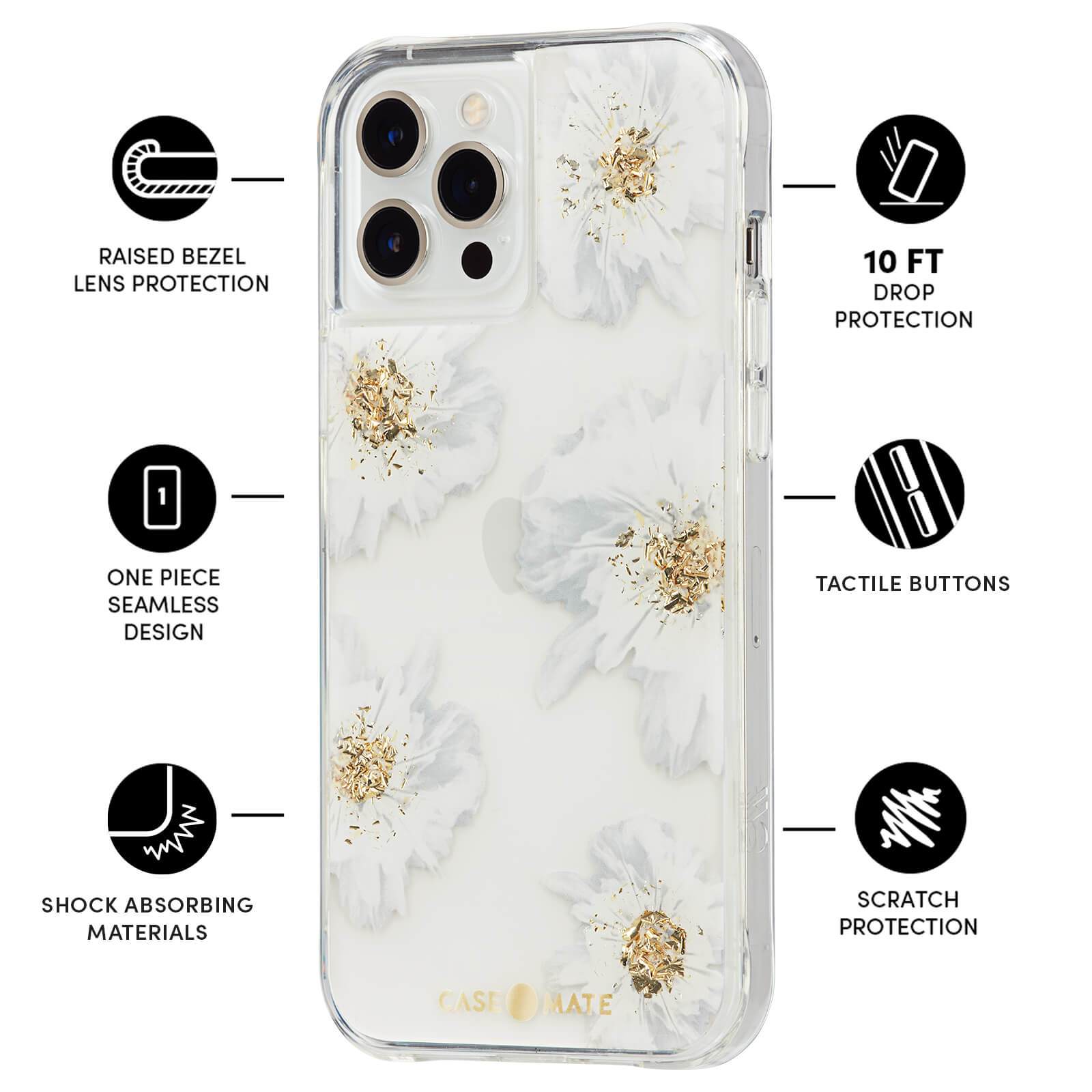 Features Raised Bezel Lens Protection, One Piece Seamless Design, Shock Absorbing Materials, 10 ft Drop Protection, Tactile Buttons, Scratch Protection. color::Karat Floral