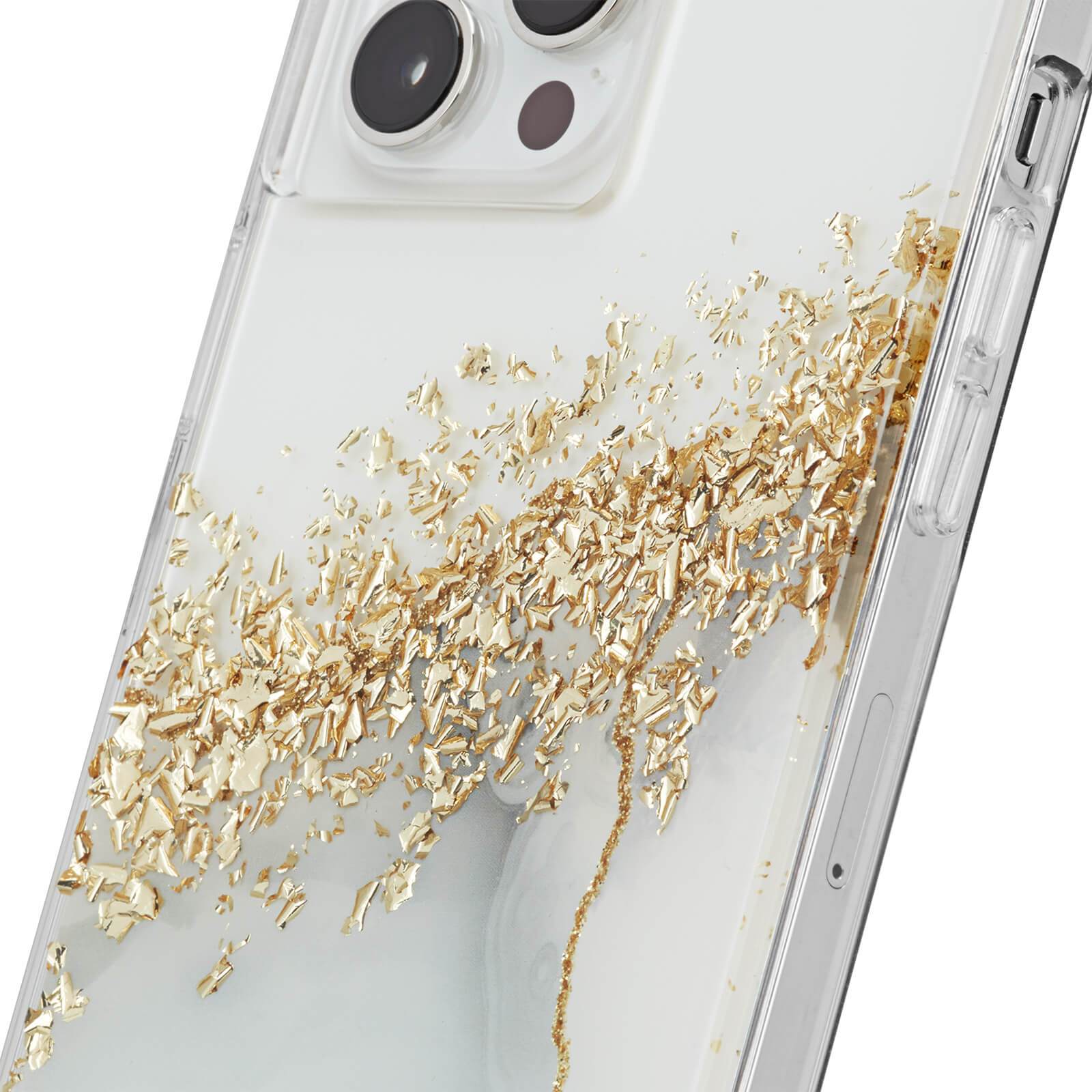 Close up of gold detail on marble iPhone case. color::Karat Marble