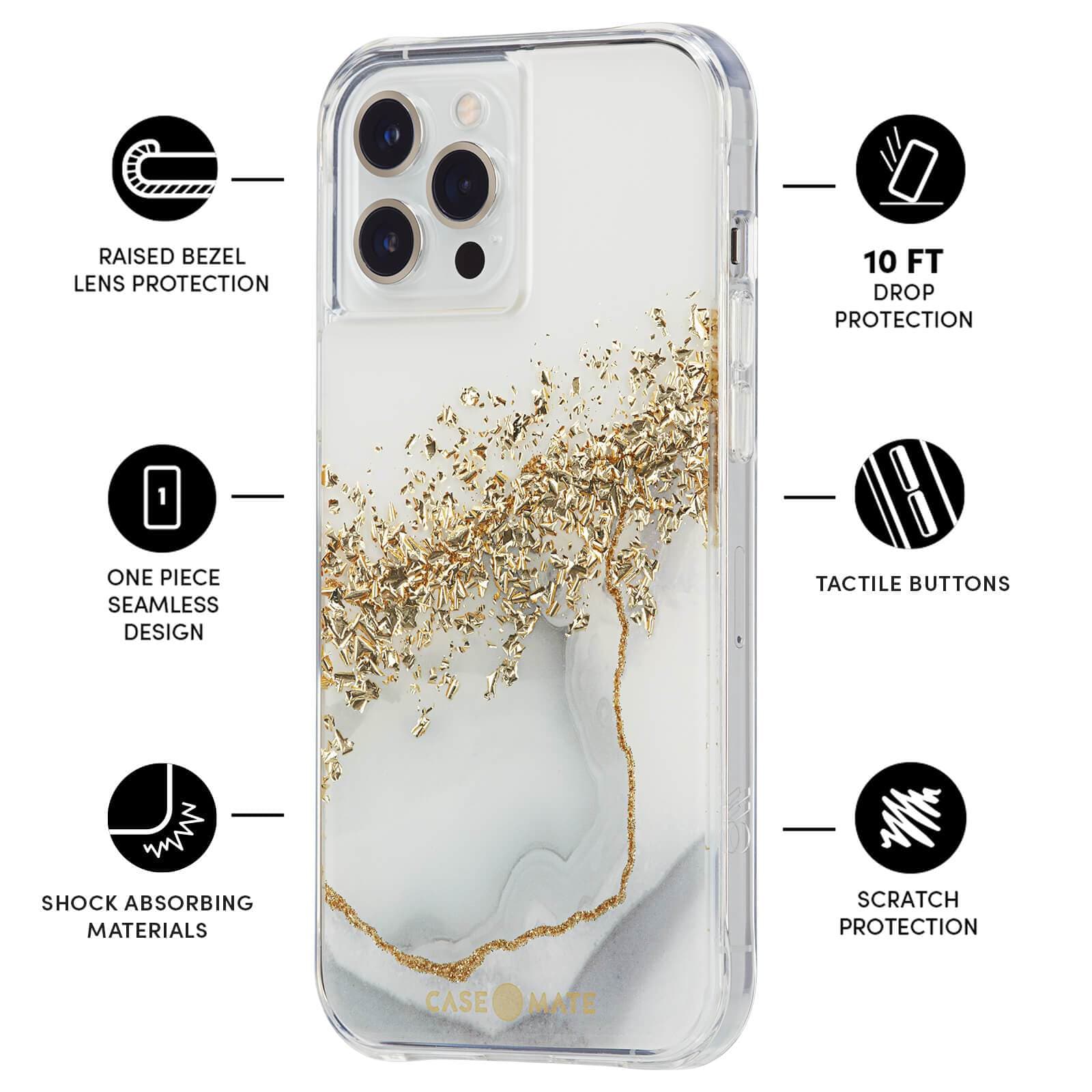 Features Raised Bezel Lens Protection, One Piece Seamless Design, Shock Absorbing Materials, 10 ft Drop Protection, Tactile Buttons, Scratch Protection. color::Karat Marble