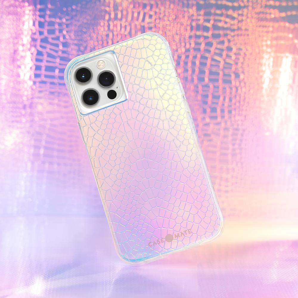 Iridescent Snake skin case for iPhone 12/ 12 Pro with iridescent snakeskin background. color::Iridescent