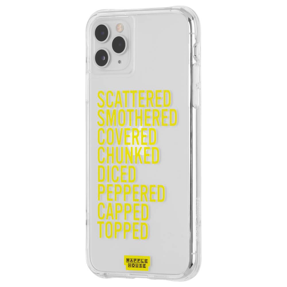 Clear case with yellow hashbrown order styes printed on it. color::Hashbrowns Clear