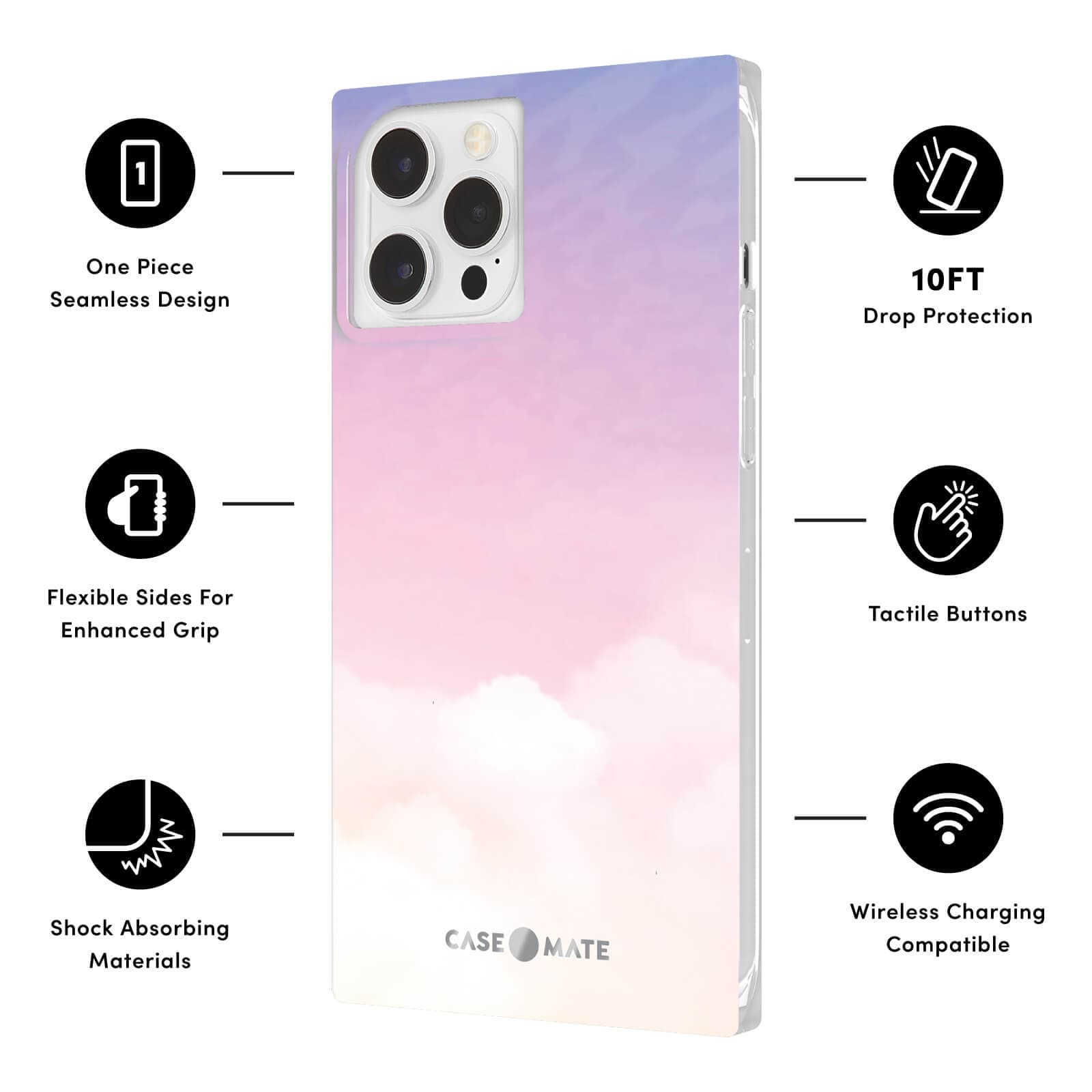 Features One Piece Seamless Design, Flexible Sides for Enhanced Grip, Shock Absorbing Materials, 10 ft Drop Protection, Tactile Buttons, Wireless Charging Compatible. color::Clouds