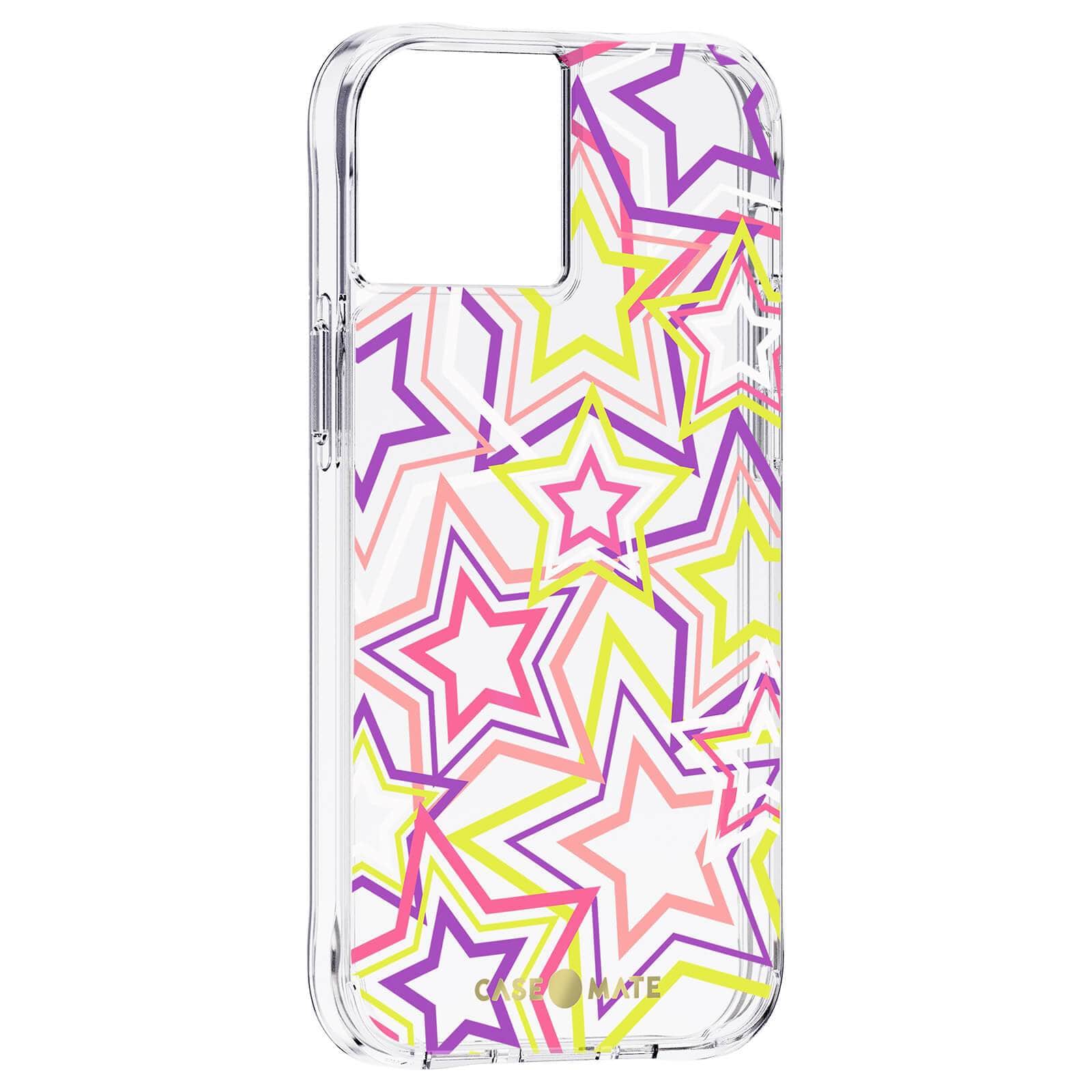 Partially clear case with pink, yellow and purple neon stars for iPhone 13. color::Neon Stars